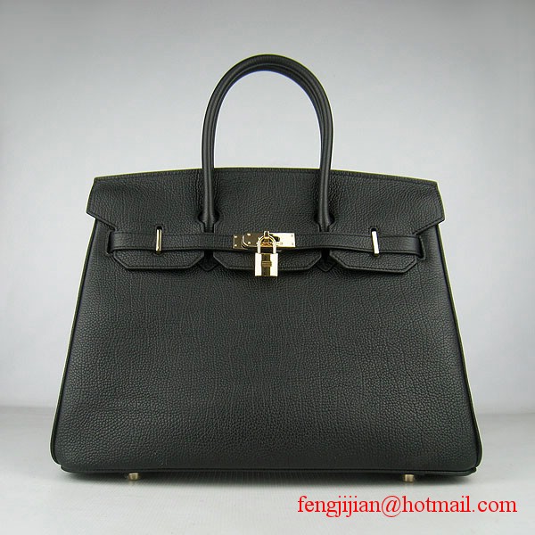 Hermes Birkin 35cm Tendon Veins Leather Bag Black Gold Hardware